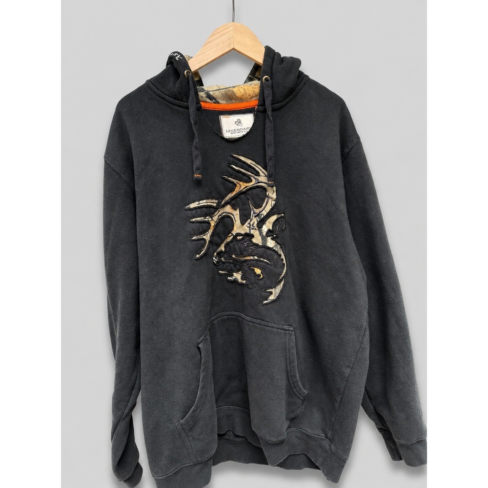 Legendary Whitetails Mens Large Black Camo Buck Logo Pullover Hoodie‎ Sweatshirt
